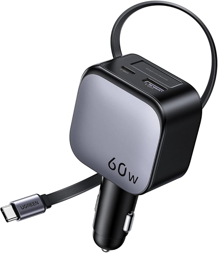 UGREEN 60W 2C1A Car Charger with Retractable Cable, 3-Port Fast Charger with 30W PD USB-C, USB-A, Cigarette Lighter Adapter for iPhone 17/16/15, Galaxy S25/S24, iPad, GPS, 12V Car Accessories
