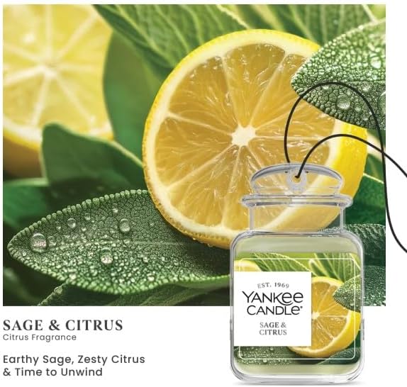 Yankee Candle Classic Paper Car Jar Air Freshener, Hanging Car Freshener, Long Lasting Car Fragrance, Sage & Citrus (Pack of 4)