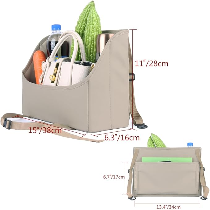 Car Handbag Purse Holder Between Seats Leather Car Front Seat Storage Bag Large Capacity Car Organizers for Book Document Phone Bottle Tissue Toy (Beige Style-1)