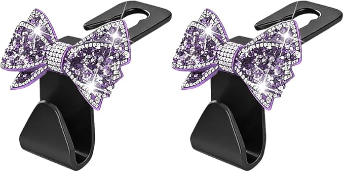 Zpana Bling Car Headreat Hook, 2PCS Crystal Rhinestone Cute Bow Vehicle Seat Back Hanger Storage for Purses Bags Grocery, Diamond Auto Rear Seat Organizer, Universal for SUV Truck Sedan (Purple)