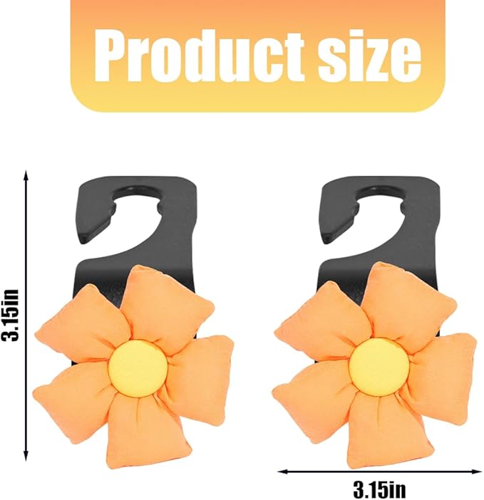 Car Seat Headrest Hooks, 2PCS Cute Flower Vehicle Seat Back Organizer Holder for Purses Bags Grocery, Automotive Interior Storage Hanger Decoration Accessories, Universal Fit (Black/Yellow)