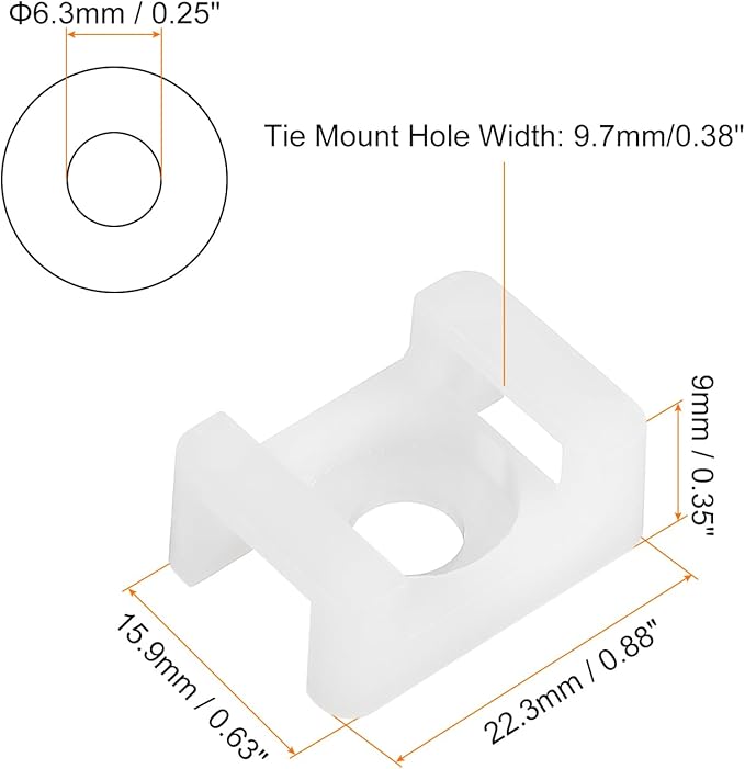MECCANIXITY 500pcs Cable Tie Base Saddle Type Mount Wire Holder, 0.88"x0.63"x0.35" Wire Clips Organizer Holders Clamps for Electronic Wires, White 0.25"Dia