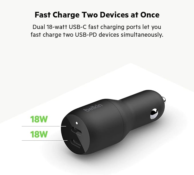 Belkin 36-Watt Dual-USB Car Charger - Power Delivery 2 18W USB-C Ports with PPS Charging Apple iPhone 14, 14 Pro, 14 Pro Max, iPhone 13, 13 Pro, 13 Pro Max Samsung Galaxy, AirPods - USB-C Charger