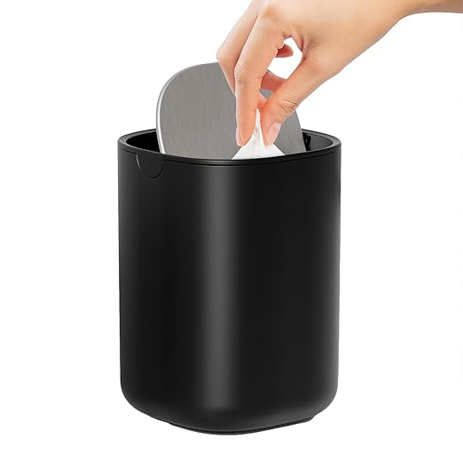 CEROELDA Mini Desk Trash Can with Swing-Top Lid, 0.4 Gallon Small Round Wastebasket, Black, for Office, Home, Car (Black)