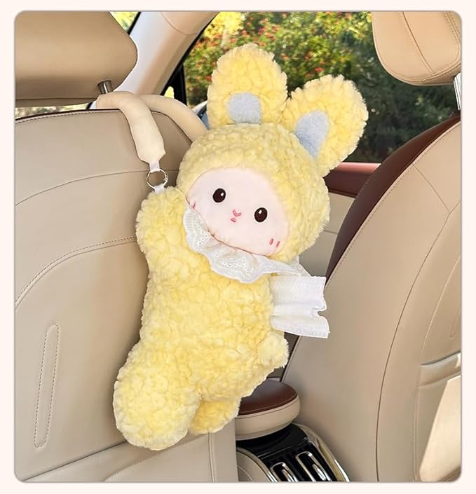 Car Tissue Holder Plush Animal Paper Towel Box Cute Rabbit Hanging Backseat Organizer for Cars Adorable Decorative Tissue Dispenser (Yellow Rabbit)