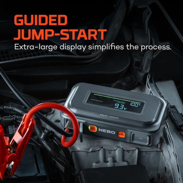 NEBO Assist 2000XP Jump Starter | 2000 Amps, 55.5Wh Power Supply, Multi-Device Charging, and Integrated Floodlight, USB Compatible, Portable Battery, Automotive, Emergency, Smark-Proof Safety