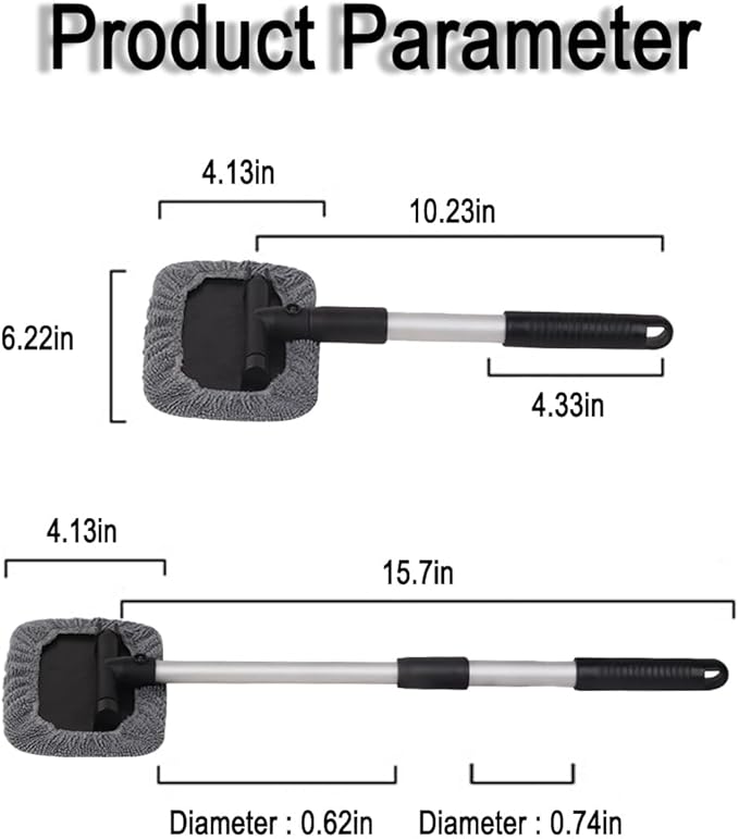 Car Windshield Cleaner Tool, Vehicle Window Cleaner with Extendable Handle & 3 Reusable and Washable Pads, Auto Glass Wash Brush Accessories, Universal for SUV RV Truck (Rectangular)