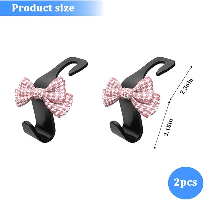 2PCS Car Seat Headrest Hooks, Cute Bow Vehicle Backseat Storage Hanger for Handbag Umbrella Coat, Auto Seat Back Hook Holder Organizer Decor, Universal for Vehicles (Small Pink Houndstooth)