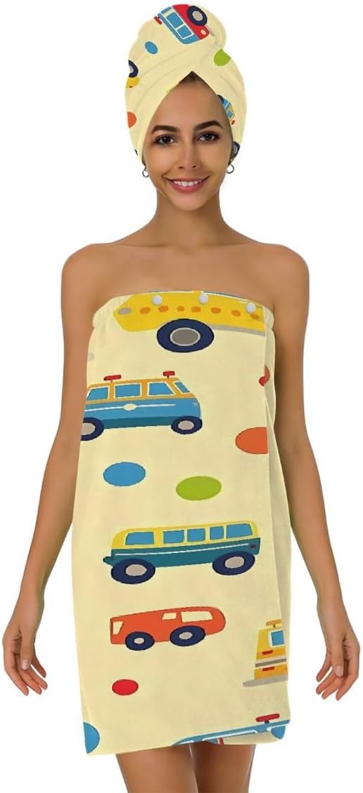 Women Bath Wrap Hair Towel Drying Cap Set Colored Cars Bus Polka Dots Soft Absorbent Bathrobe Shower Wraps with Adjustable Closure Spa Bath Robe