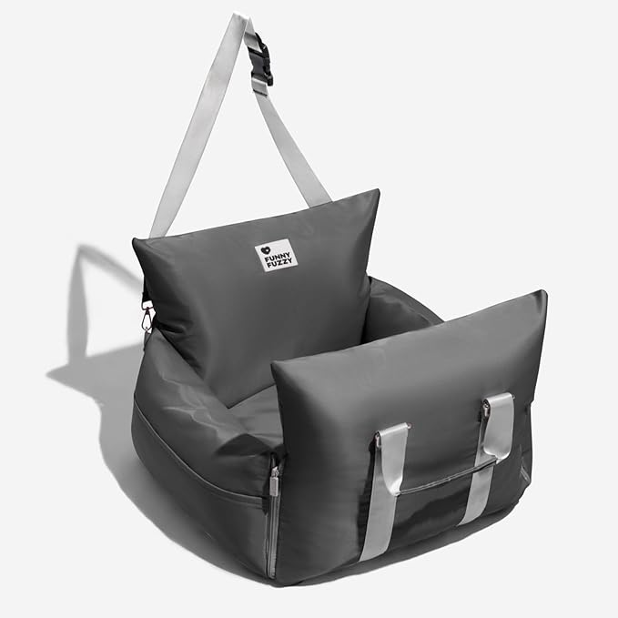 FUNNY FUZZY Dog Car Booster Seat for Small/Medium Dogs up to 25lbs – Waterproof, Non-Slip Base, Safety Leash & Fully Washable Design for Safe and Comfortable Travel (Gray)