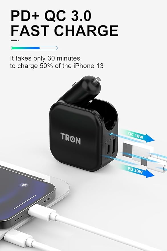 TRON Wall & Car Charger Travel Charging Station, 36W Dual USB-C & USB-A Fast Charger, Foldable for iPhone, iPad, Samsung Galaxy S22/S21, AirPods – TR17