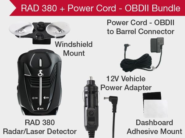 Cobra RAD 380 Laser Radar Detector + OBDII Power Cord Bundle – Long Range Detection, LaserEye Front and Rear Detection, IVT Filtering, Adjustable Sensitivity, Digital Signal Processing, Black