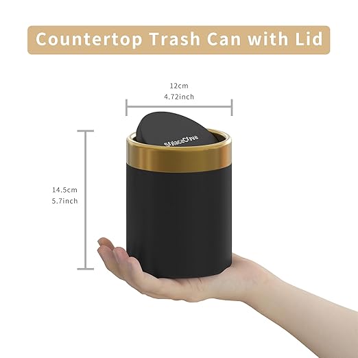 Desktop Trash can with Lid,0.4 Gal Stainless Steel Counter Top Trash Can Mini Bathroom Trash Can for Car,Office,Kitchen,Desk,a Roll of Trash Bag(Black)