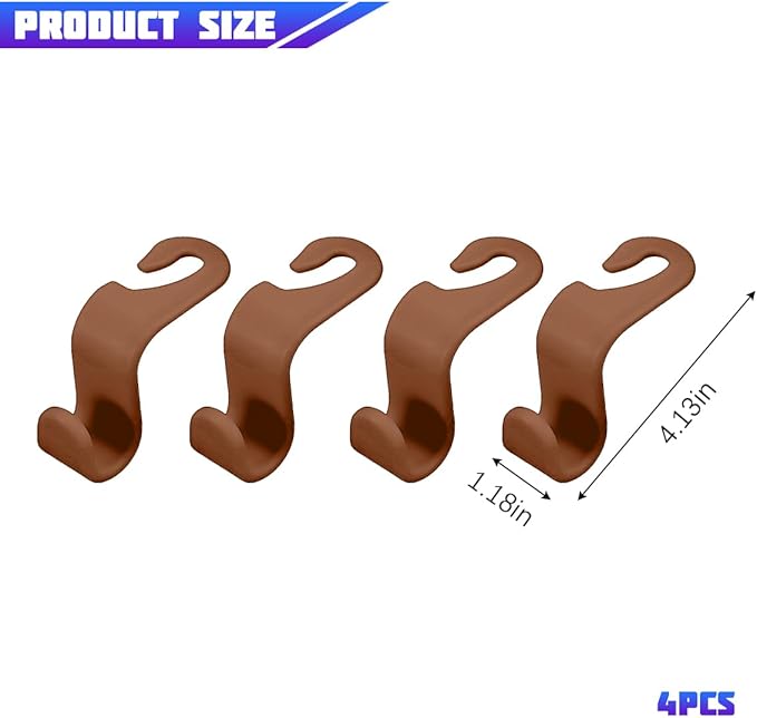 Car Seat Headrest Hooks, Multifunctional 4PCS Vehicle Back Seat Storage Hanger Holder for Hangbag Coat Grocery, Auto Interior Headrest Hook Organizer, Universal for Vehicles (Brown)