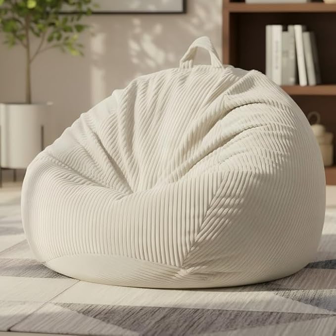 ZhenLives Stuffed Animal Storage Bean Bag Chair Cover, Cover Only (No Filler), Corduroy Toy Organizer Floor Cushion Seat, 48 in/120 cm Slipcover for Teens & Adults, White