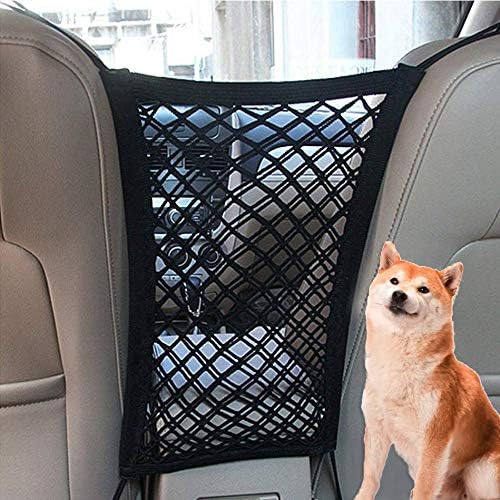 Dog Pet Car Net Barrier Stretchable Car Storage Mesh Organizer with Hooks & Storage Bag Children & Pet Seat Back Car Divider for Driving Safe Barrier of Pet and Kid in Car Backseat