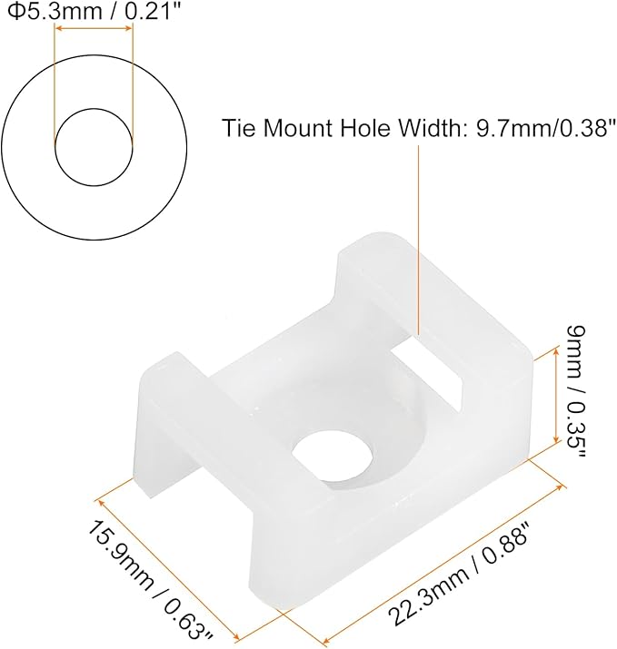 MECCANIXITY 500pcs Cable Tie Base Saddle Type Mount Wire Holder, 0.88"x0.63"x0.35" Wire Clips Organizer Holders Clamps for Electronic Wires, White 0.21"Dia