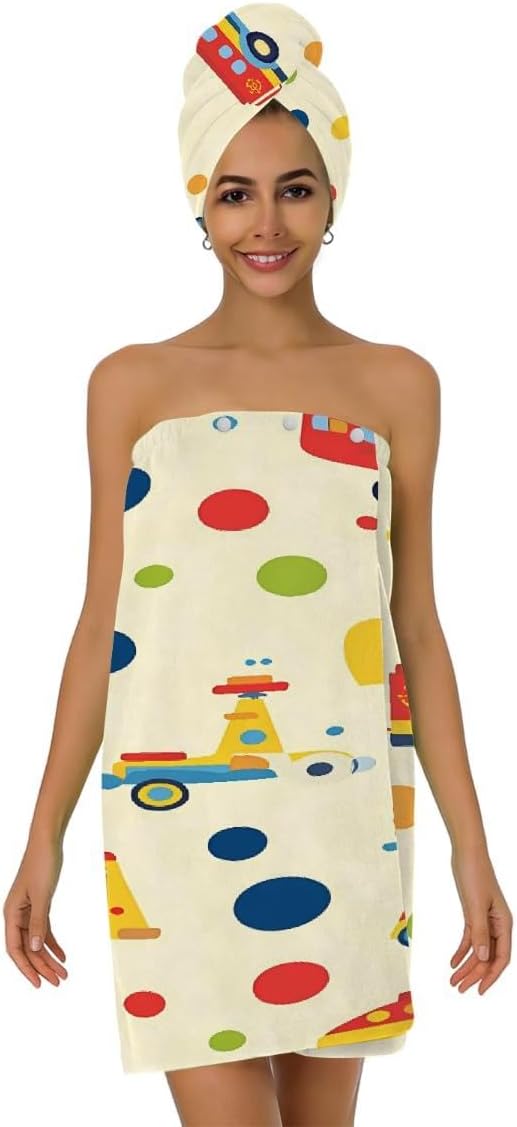 Women Bath Wrap Hair Towel Drying Cap Set Cartoon Colorful Trucks Cars Soft Absorbent Bathrobe Shower Wraps with Adjustable Closure Spa Bath Robe