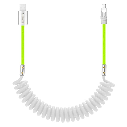 chubbycable Curly Chubby 120W Coiled USB C Cable Retractable Fast Charging Cable for Car Charger Cord Compatible with iPhone 17-15 Series, White+Green, USB-A to Type-C, 2.29FT-3.6FT