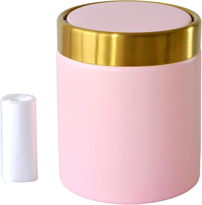 Pink Mini Countertop Trash Can with Lid – Metal Tiny Makeup Vanity Swing-Top Waste Bin, 1.5 L / 0.40 Gal