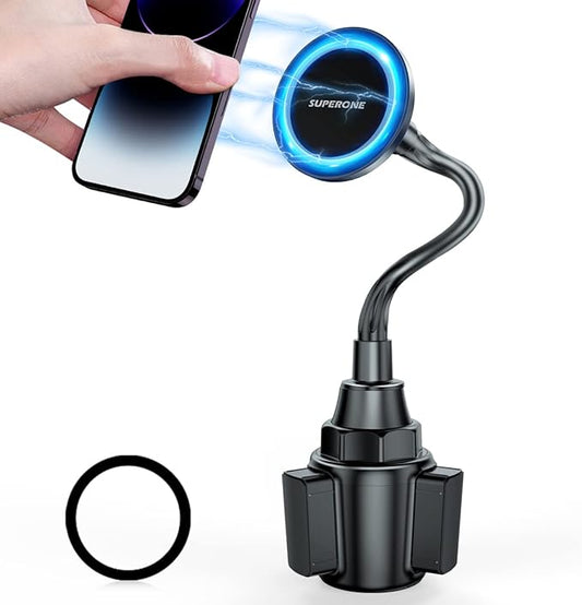 SUPERONE Upgraded for Magsafe Cup Holder Phone Mount,Universal Phone Holders for Car,Wireless Magnetic Car Mount with Adjustable Neck and 360°Rotation for iPhone,Samsung,Google and All Smartphones