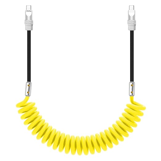 chubbycable Curly Chubby 240W Coiled USB C Cable Retractable Fast Charging Cable for Car Charger Cord Compatible with iPhone 17-15 Series, Yellow and Black, Type-C to Type-C, 2.29FT-3.6FT