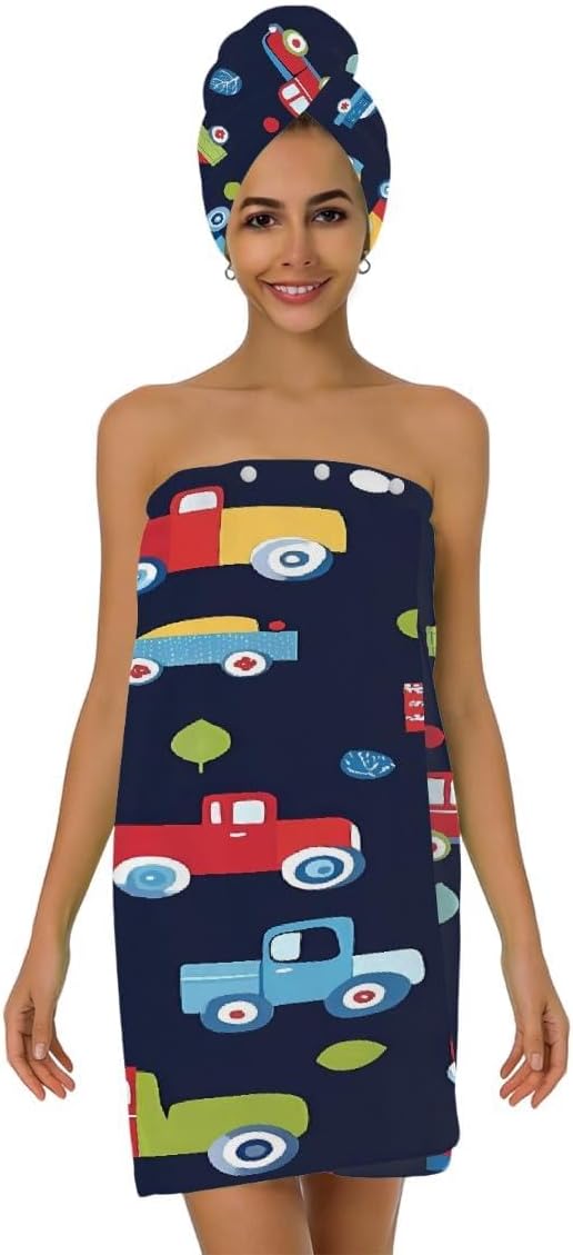 Women Bath Wrap Hair Towel Drying Cap Set Cartoon Trucks Cars Print Soft Absorbent Bathrobe Shower Wraps with Adjustable Closure Spa Bath Robe