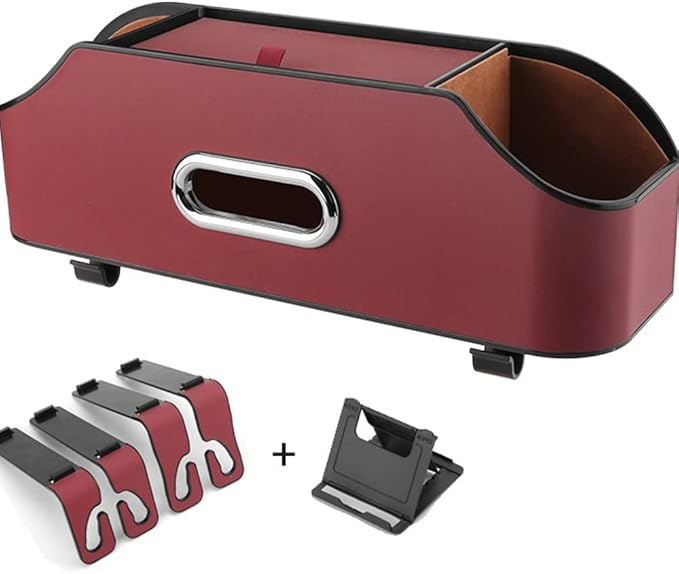 New car headrest Rear seat Multifunctional Storage Box, partition Design, with Cup Holder, Tissue Box, headrest Hook, Suitable for Children and Adults, car Travel Accessories（Red）