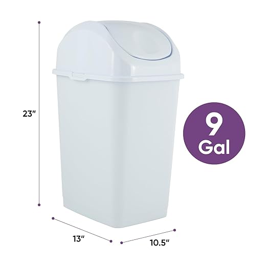 Superio Kitchen Trash Can with Swing Top Lid 9 Gallon Slim Waste Bin 37 Qt Sturdy Plastic Garbage Can Medium Recycling Bin for Office, Bathroom, Under Counter, Dorm, Bedroom (White)