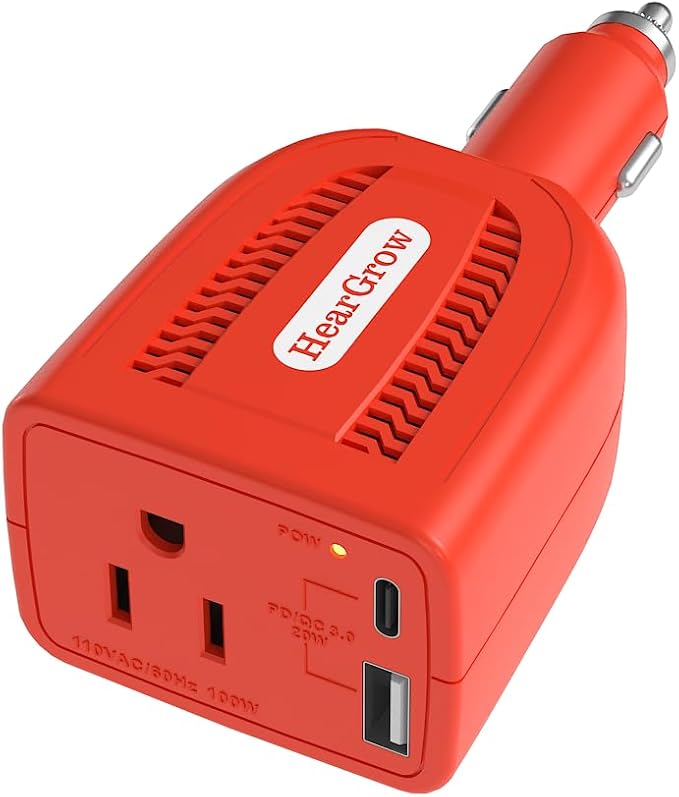 HearGrow100w Car Power Inverter, 12V DC to 110V AC Vehicles Converter with USB Ports，Plug Adapter Outlet and Fast Charging PD3.0 Type-C for Phones, Pads, Laptops and Computer Charger(Orange)
