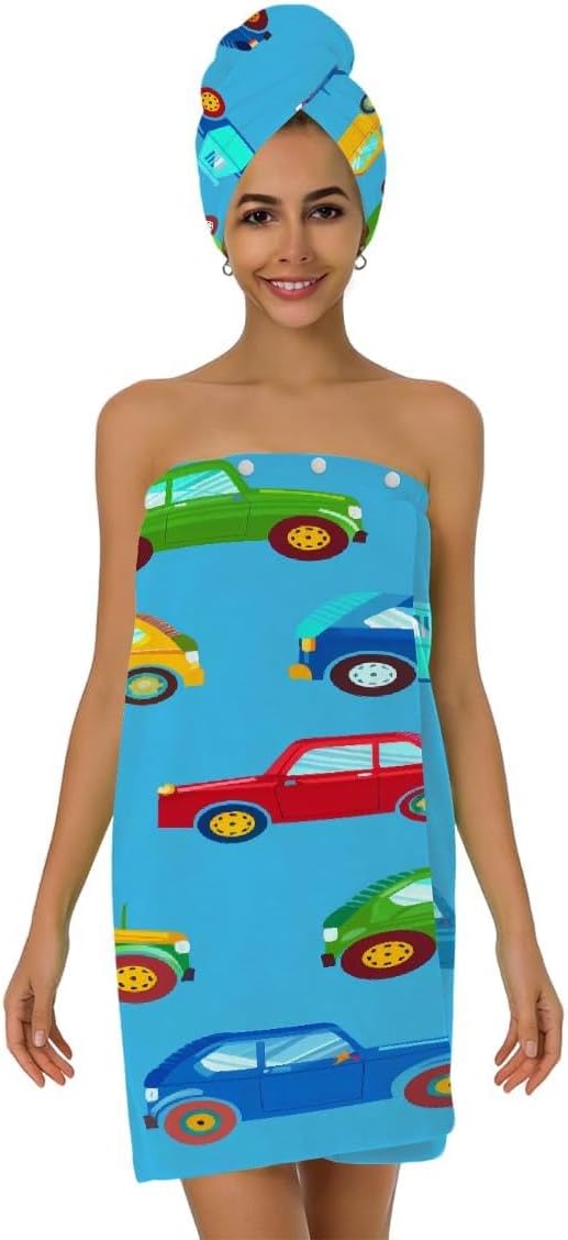 Women Bath Wrap Hair Towel Drying Cap Set Cartoon Car Pattern Soft Absorbent Bathrobe Shower Wraps with Adjustable Closure Spa Bath Robe