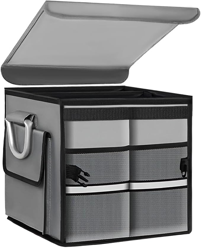 Trunk Organizer With Lid, Collapsible Waterproof Oxford Car Organizer with Aluminum Handle Base Plate, 2-Compartment 28L Sturdy Trunk Cargo Storage Organizer for RV SUV Truck (Gray)