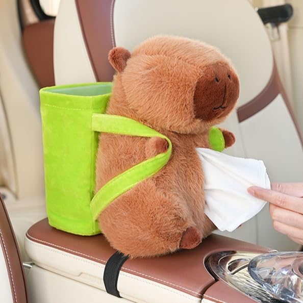 2-in-1 Car Tissue Holder & Trash Bin Organizer Cute Plush Bear/Rabbit/Capybara for Armrest Easy to Install Soft & Adorable (Rabbit)