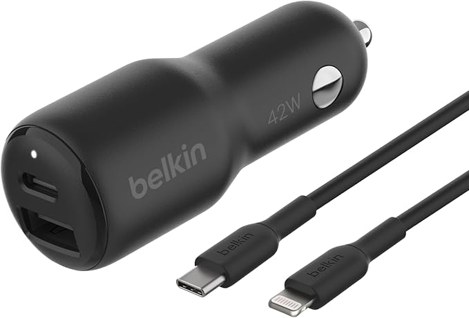 Belkin BoostCharge Dual Car Charger 42W w/Fast Charge USB-C 30W PPS & 12W USB-A Ports + USB-C to Lightning Cable for Apple iPhone 16, Pro, Pro Max, iPhone 15, & More - Black