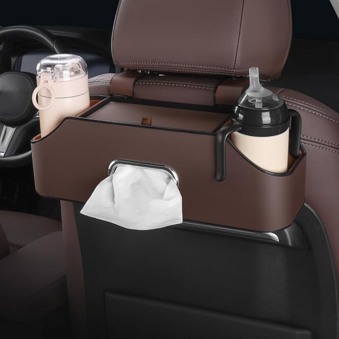 New car headrest Rear seat Multifunctional Storage Box, partition Design, with Cup Holder, Tissue Box, headrest Hook, Suitable for Children and Adults, car Travel Accessories（Coffee Color）