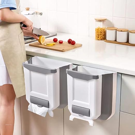2 Pack Kitchen Trash Can, Foldable Trash Can for Kitchen, Collapsible Hang Small Plastic Garbage Can 2.4 Gallon for Cabinet/Car/Bedroom/Bathroom/Office (White, 2PC)