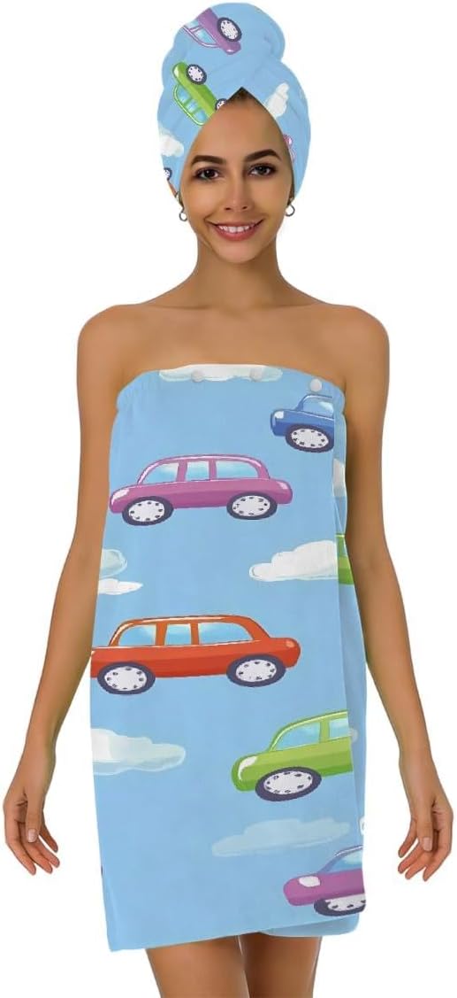 Women Bath Wrap Hair Towel Drying Cap Set Colored Cute Cars Clauds Soft Absorbent Bathrobe Shower Wraps with Adjustable Closure Spa Bath Robe