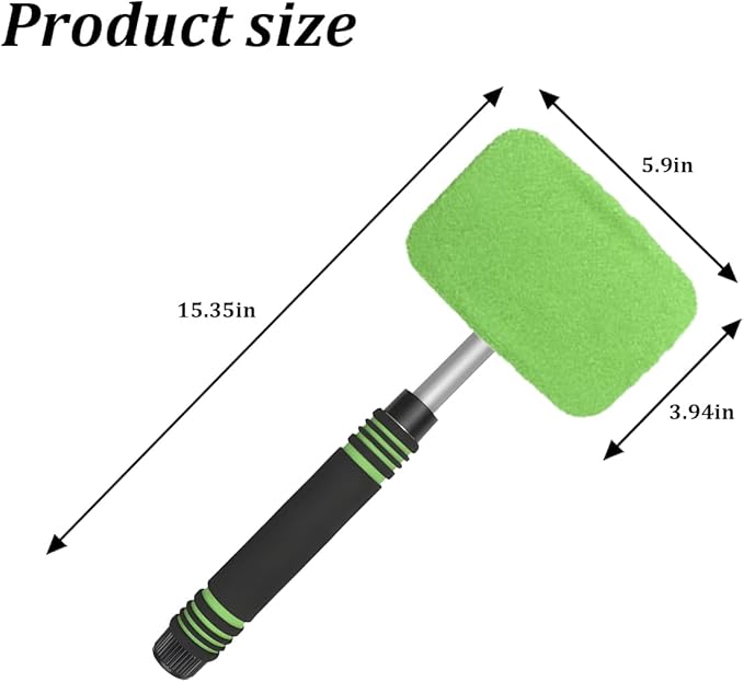 HZEL Car Windshield Cleaner Tool with Extendable Handle, Vehicle Glass Wiper Window Cleaning Tool with 2 Reusable Microfiber Pad, Auto Windscreen Detailing Cleaner Kit, Universal Fit (Square Green)