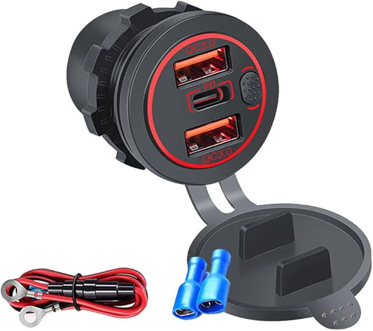 3 Ports 18W USB Car Charger With Switch, 12-24V Dual QC 3.0 USB & PD USB C Cigarette Lighter Socket Outlet, Dashboard Mount Quick Charge Charger for Car Motorcycle Truck Marine Boat (Red Light)