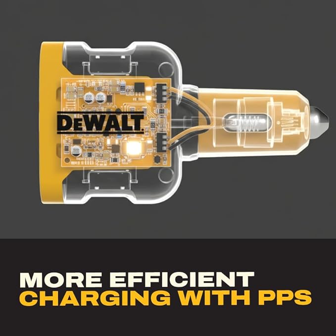 DEWALT 65W PD 3-Port Car Charger – USB-C PPS Fast Charging Adapter for Laptops, Phones & Tablets, Dual USB-C + USB-A Ports, 65W Total Output for Efficient Type C + USB Multi-Device Charging On The Go