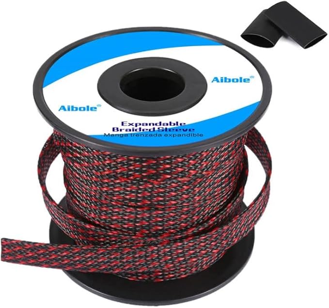 100Ft-1/4inch PET Expandable Braided Wire Sleeving,Wire Loom Cable Sleeve for TV,Computer,Home Theater,Automotive,Home Industrial,Electrical Wires,Chemical,Protect Cat from Chewing Cords,BlackRed