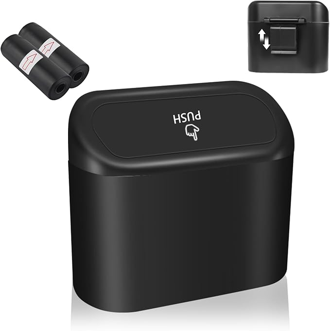 Portable Car Trash Cans with 2 Rolls Garbage Bag,Push-on Car Trash Bin with Lid & Hook for in-Vehicle Waste Disposal,Multipurpose Seat Organizer & Storage for Most Vehicles (Black)