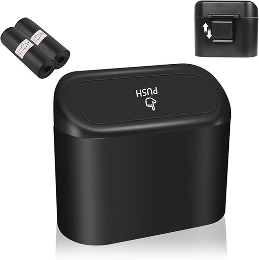 Portable Car Trash Cans with 2 Rolls Garbage Bag,Push-on Car Trash Bin with Lid & Hook for in-Vehicle Waste Disposal,Multipurpose Seat Organizer & Storage for Most Vehicles (Black)