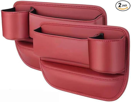 Car Leather Cup Holder Gap Bag for Mobile Phones Glasses Keys Cards Seat Gap Storage Box (2 Pack, Red)