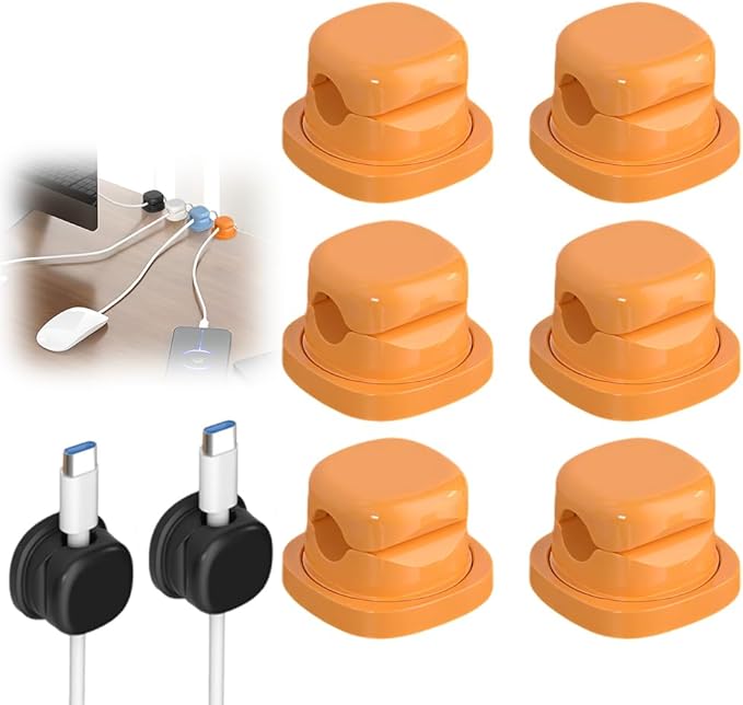 Upgrade Magnetic Cord Organizer Holder, Cord Holder for Nightstand, Adhesive Wire Cable Clips Management Kit for Phone Charger, Computer, Office, Home, Desk, Nightstand (Orange, 6 Packs)