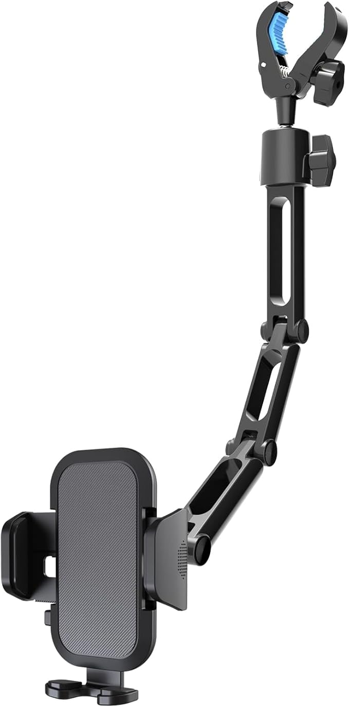 Quyee Phone Holder Car, Rear View Mirror Phone Holder - Aluminum Alloy Mount Multi-Angle Adjustment Rotatable and Retractable Compatible with All 4-7 Inch iPhone and Android Cell Phones (XL Black)
