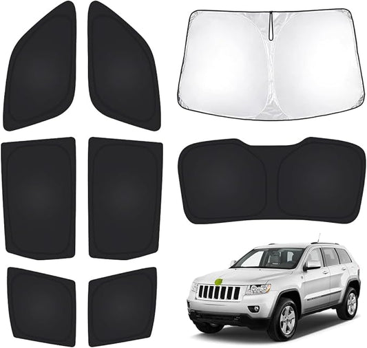 T TGBROS Windshield Sun Shade for Jeep Grand Cherokee 2011-2021 Car Window Shades Thicken UV Block and Blackout Privacy Foldable Sunshades 8PCS Accessories Keep Cool Sun Visor Covers