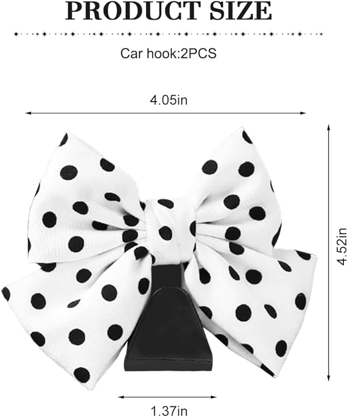 Cute Bow Car Seat Headrest Hooks, 2PCS Multifunctional Vehicle Rear Seat Hanging Hooks, Automotive Interior Seatback Storage Organizer for Purses Bags, Universal Fit (White/Polka Dot)