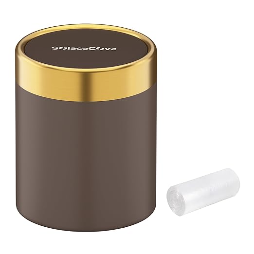 Countertop Trash Can with Lid for Desk Top,0.4 Gallon Stainless Steel Mini Trash Can for Desk、Car、Office、Kitchen,1.5L Swing Top Trash Bin with a Roll of Trash Bag(Brown)
