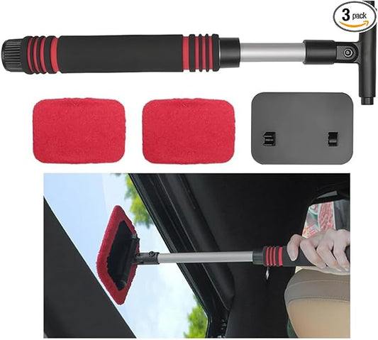 HZEL Car Windshield Cleaner Tool with Extendable Handle, Vehicle Glass Wiper Window Cleaning Tool with 2 Reusable Microfiber Pad, Auto Windscreen Detailing Cleaner Kit, Universal Fit (Square Red)